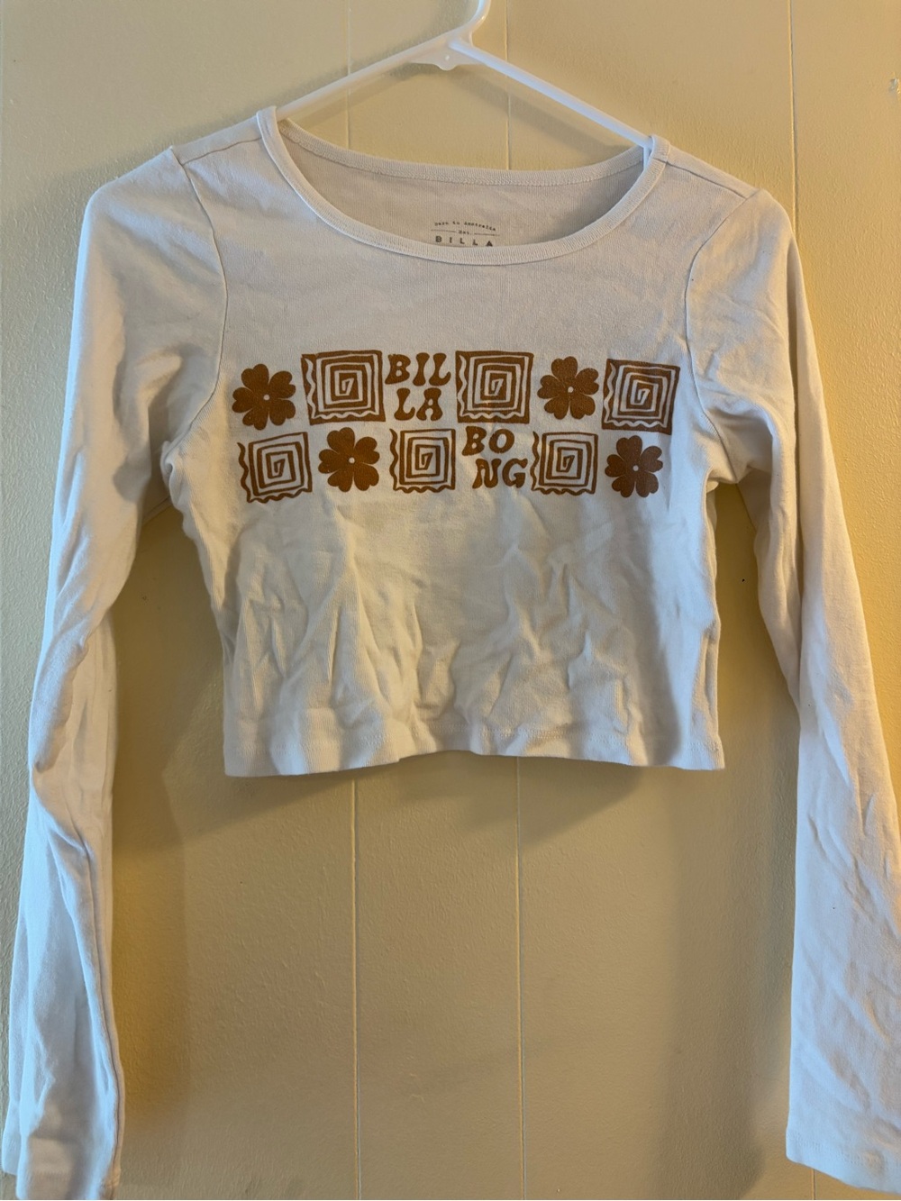 Billabong White Long-Sleeve Cropped Top with Brown Graphic